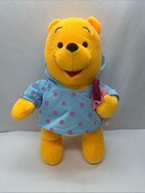 Disney Winnie The Pooh Plush With Blue Polka Dot Raincoat and Umbrella-